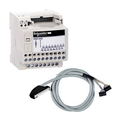 L'image présente un boîtier de commande électrique de Schneider Electric avec plusieurs connexions et un câble pour les branchements.