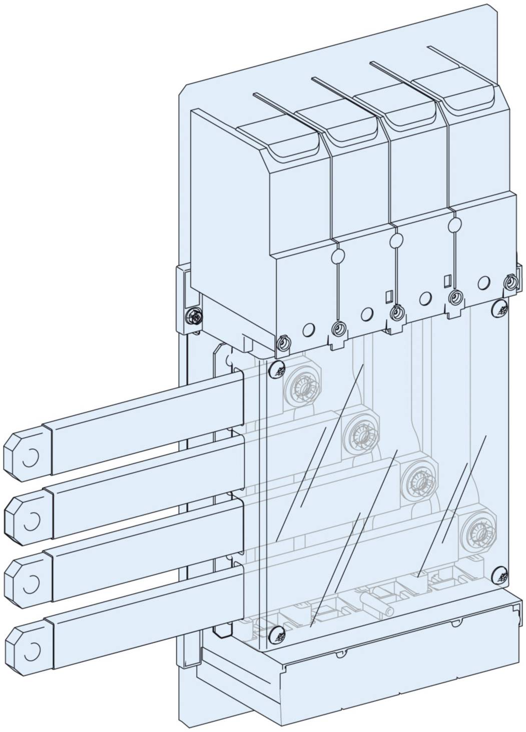 Un isolateur avec quatre chambres de coupure et trois longues barrettes de connexion, souvent utilisé dans les systèmes électriques pour séparer les circuits électriques.