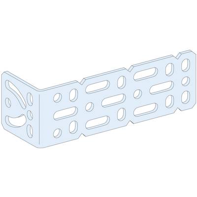 Équerre métallique avec plusieurs trous ovales et ronds pour fixation dans des constructions. Représentation 3D sur fond blanc.