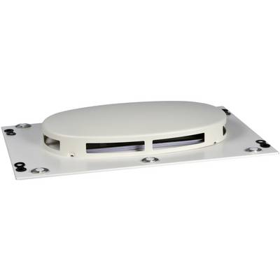 Un conduit de ventilation rectangulaire blanc avec une grille surélevée ovale en plastique au centre.