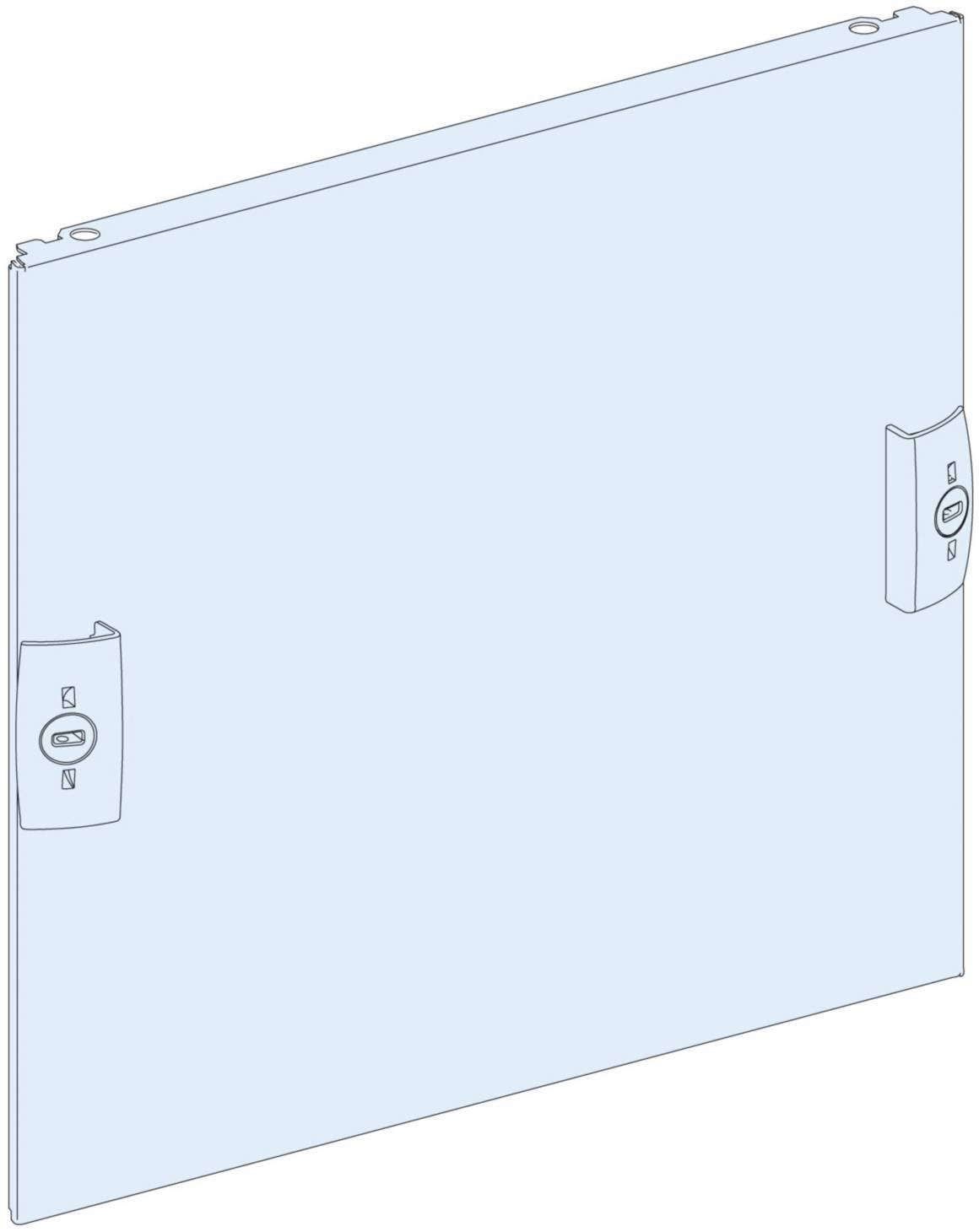 Description d'un dessin technique d'un élément métallique rectangulaire de couleur bleu clair, muni de deux serrures situées sur des côtés opposés.