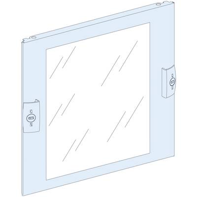 Une fenêtre avec deux serrures sur les côtés, qui peuvent être ouvertes par un tour de clé. La vitre comporte quatre lignes diagonales.