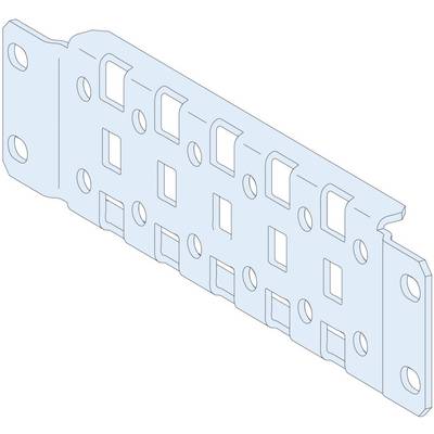 Élément métallique bleu rectangulaire avec des découpes carrées et rondes, utilisé comme élément de renfort dans les constructions.