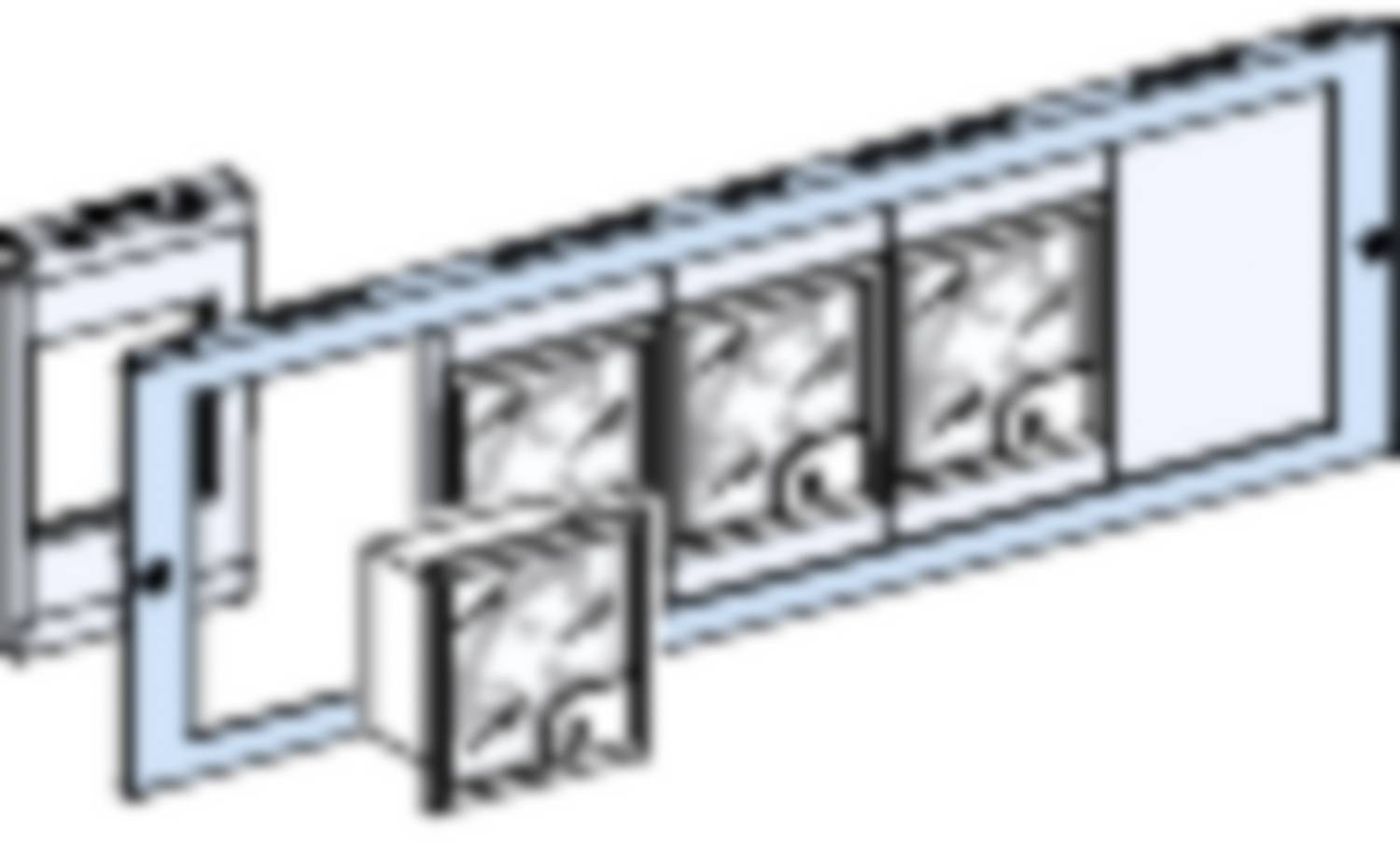 Diagramme d'une structure modulaire avec plusieurs compartiments et ventilateurs montrant la ventilation dans un boîtier technique.