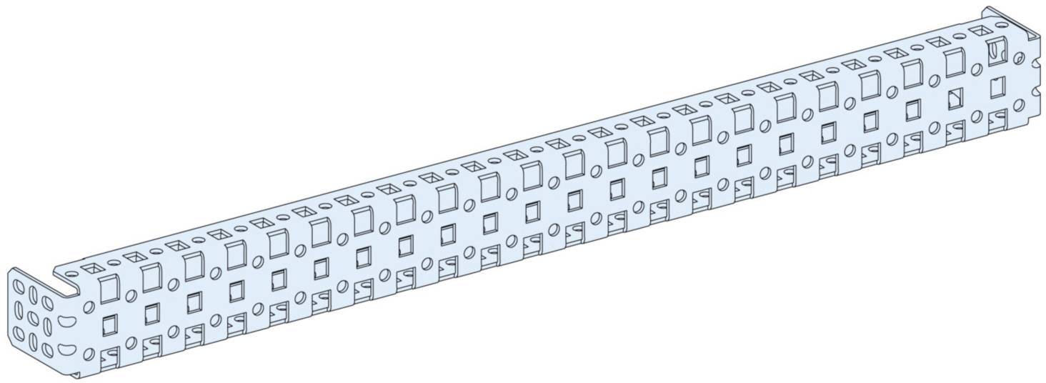 Une longue poutre rectangulaire en métal percée d'une série de trous carrés et ronds disposés selon un motif régulier.