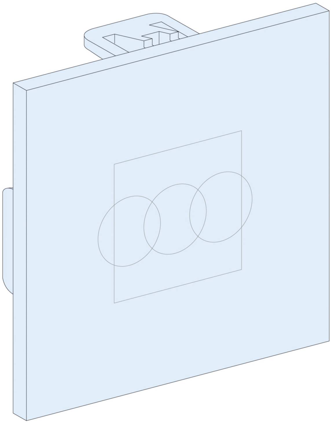Panneau carré bleu avec des cercles se chevauchant au centre, fixé à un support.