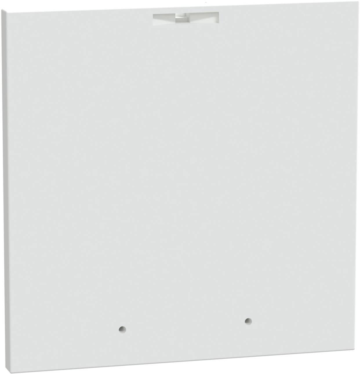 Plaque blanche rectangulaire avec deux petits trous sur le bord inférieur et un évidement rectangulaire en haut.