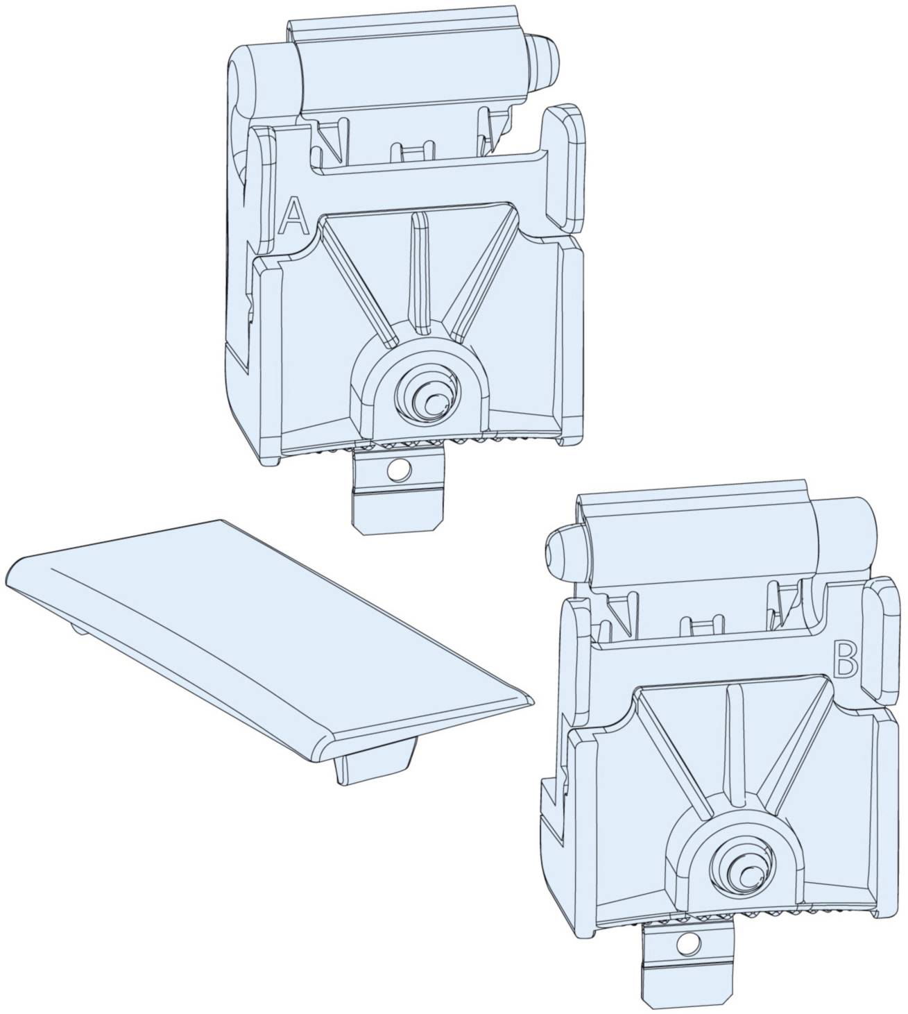 Deux dessins techniques d'une pièce mécanique portant les annotations 'A' et 'B', montrant différentes vues et un composant unique.