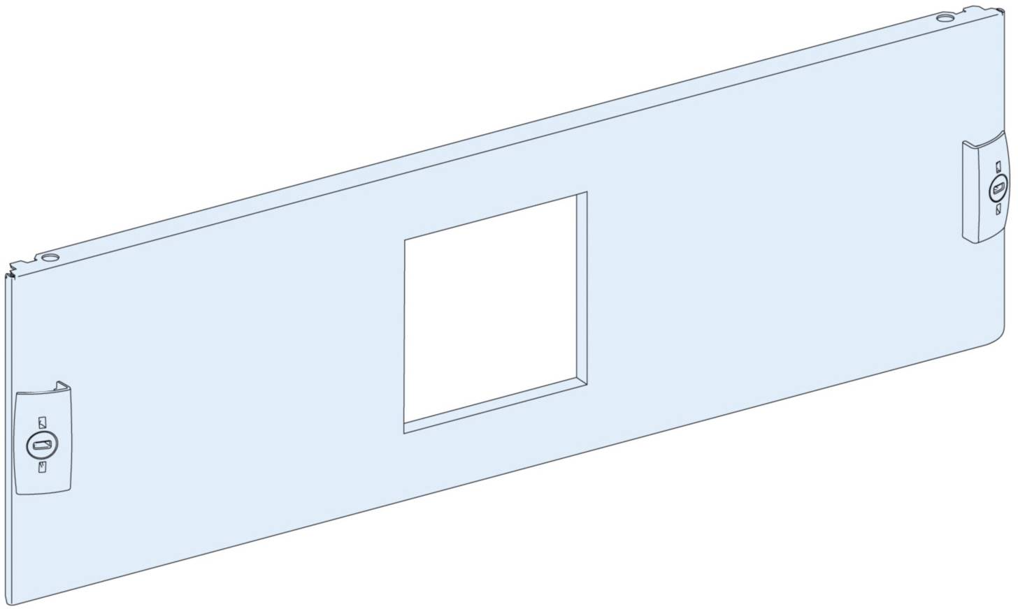 Plaque métallique rectangulaire avec une découpe carrée centrale et deux verrous latéraux. Semble servir de couvercle ou de support.