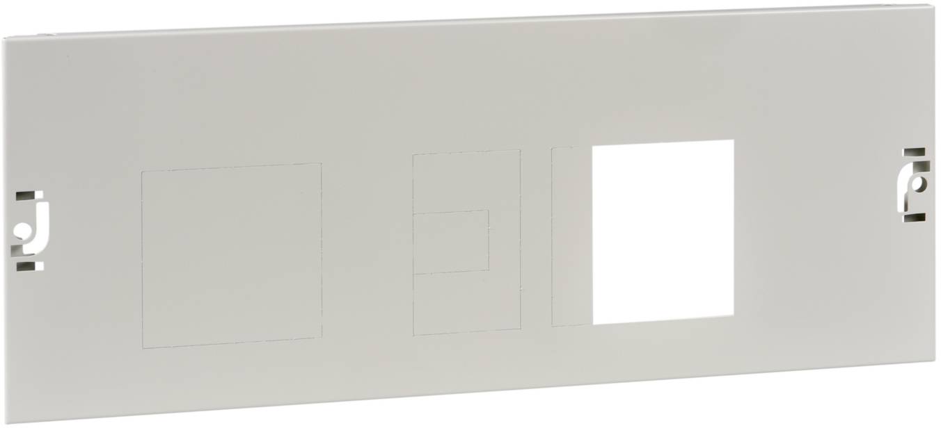 Couvercle en plastique blanc avec deux trous de fixation et trois découpes carrées pour le montage de composants dans un coffret électrique.