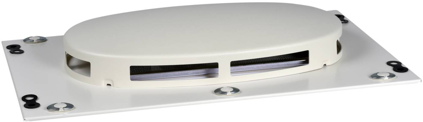 Une fente de ventilation ovale dans un boîtier rectangulaire, en matériau blanc, avec quatre points de fixation aux angles.