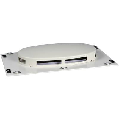 Une fente de ventilation ovale dans un boîtier rectangulaire, en matériau blanc, avec quatre points de fixation aux angles.
