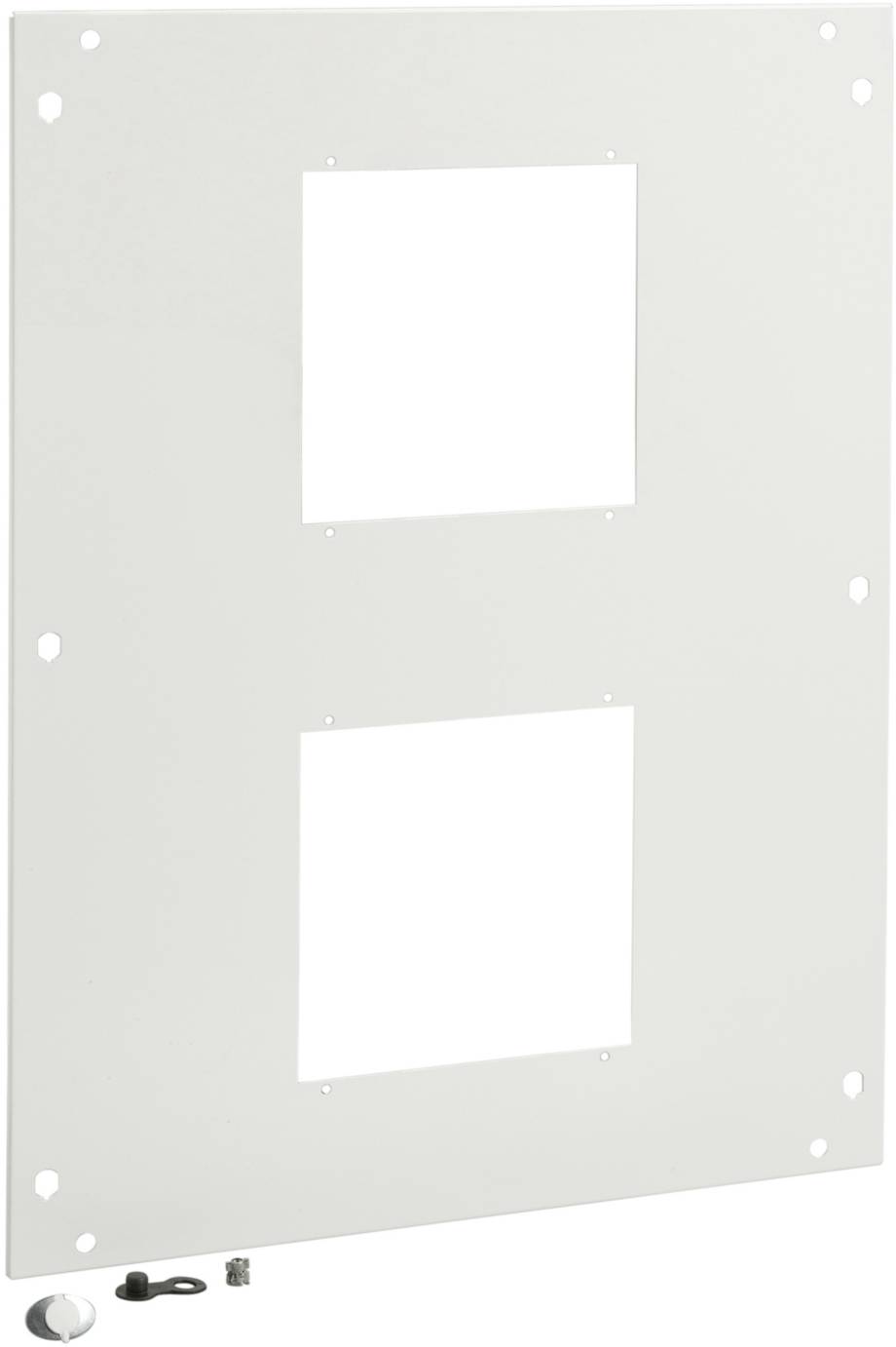 Plaque de montage blanche avec deux découpes rectangulaires et plusieurs trous de fixation sur les bords. Accessoire : petite vis.