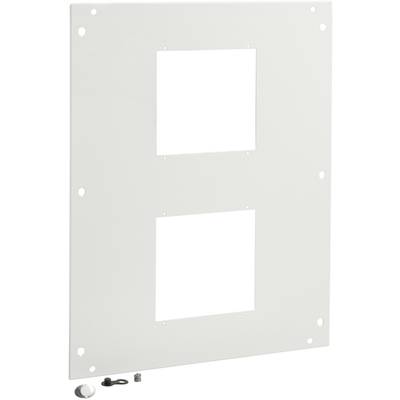 Plaque de montage blanche avec deux découpes rectangulaires et plusieurs trous de fixation sur les bords. Accessoire : petite vis.