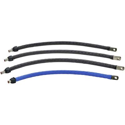 Quatre câbles isolés, trois noirs et un bleu, munis de connecteurs métalliques à leurs extrémités.