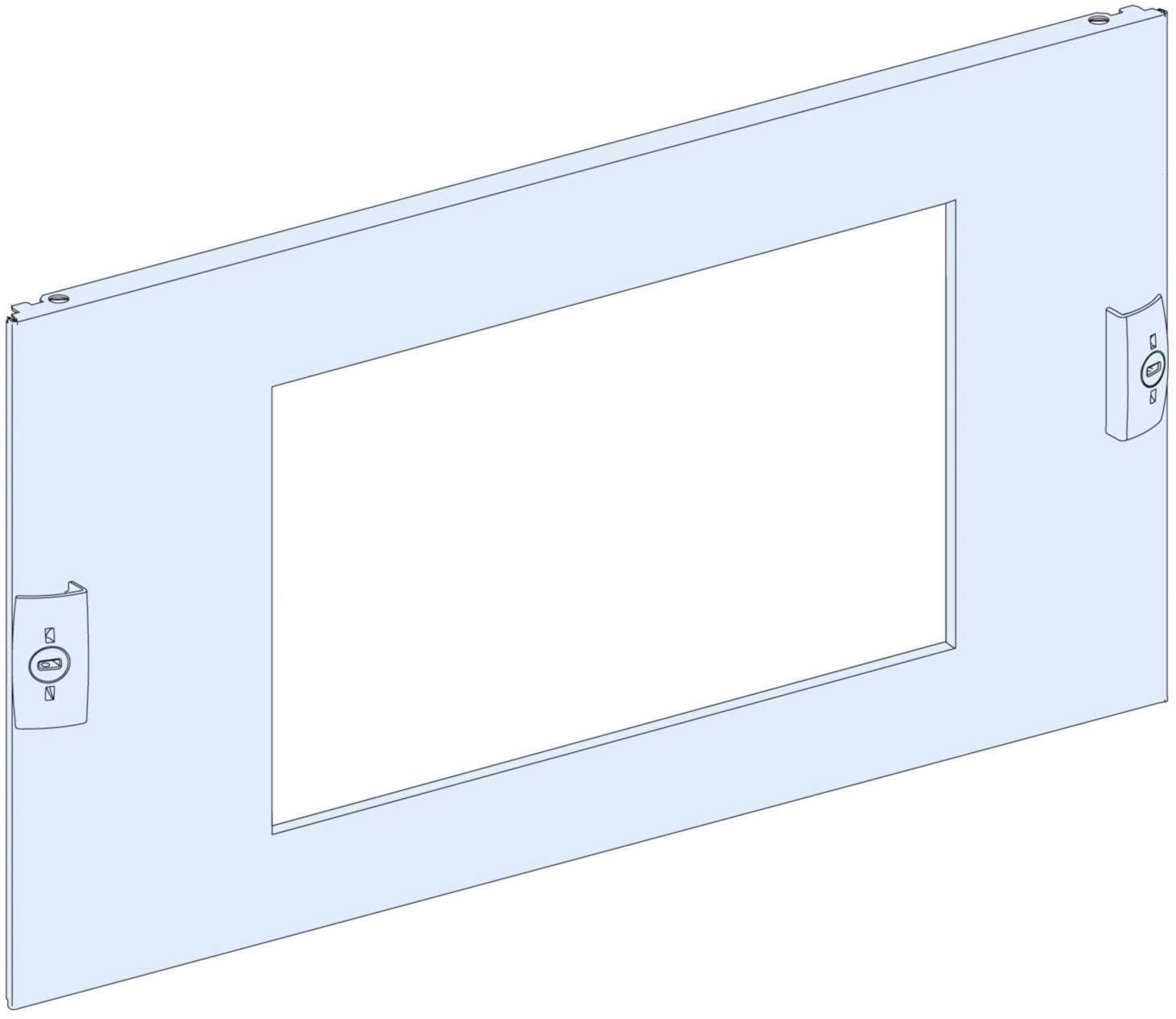 Plaque métallique avec une ouverture rectangulaire au centre, deux charnières latérales situées aux extrémités courtes.