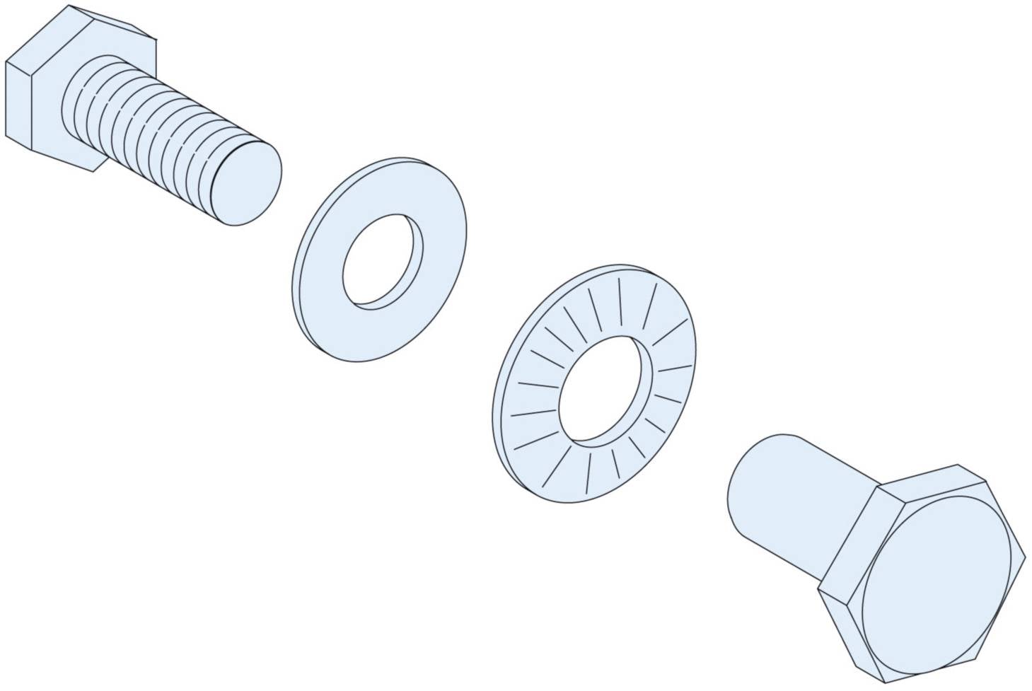 Représentation éclatée d'un système de fixation : vis, deux rondelles et écrou, illustrant une connexion mécanique.