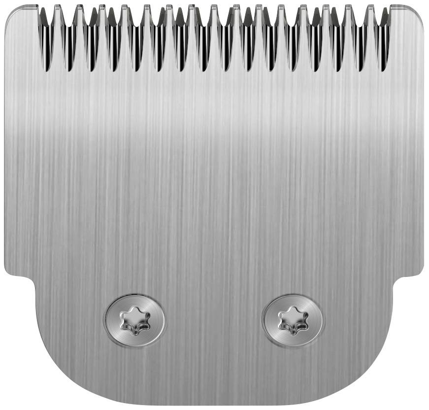 Gros plan d'une lame de coupe en argent avec des dents fines et grossières et deux vis de fixation, adaptée pour l'entretien des cheveux ou de la barbe.
