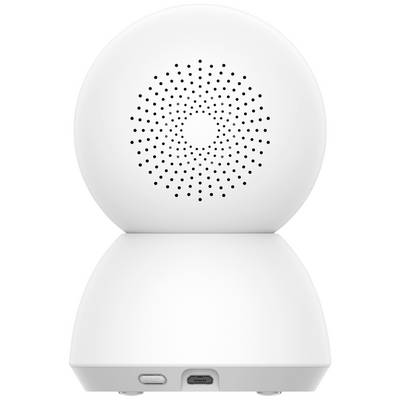 Une caméra de surveillance blanche, sphérique, avec un motif quadrillé sur la façade et des connexions à l'arrière.