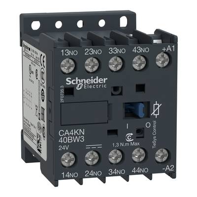 Contacteur industriel Schneider Electric, modèle CA4KN 40BW3, 24V. L'étiquette indique les connexions et les spécifications.