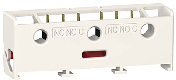 Un contact électrique avec l'étiquette 'NC NO C' sur un boîtier blanc, montrant les points de connexion pour le câblage.