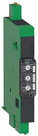 Un appareil électronique vert et vertical, équipé de deux boutons rotatifs réglables sur la façade avant, dont la fonction n'est pas clairement définie.