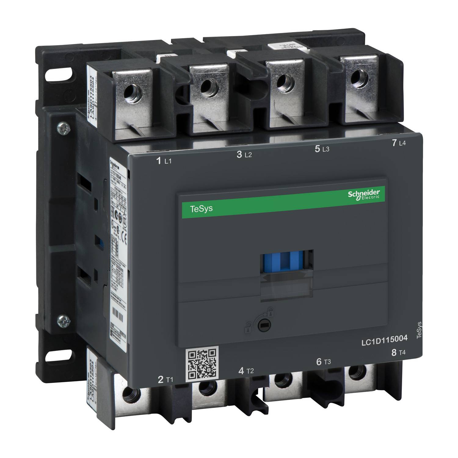 'Schneider Electric LC1D115004 TeSys contacteur avec huit bornes, triphasé, pour le contrôle des moteurs électriques dans des applications industrielles.'