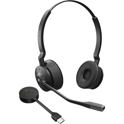 Casque sans fil noir avec microphone et dongle USB-C, compatible avec les ordinateurs et les appareils mobiles.