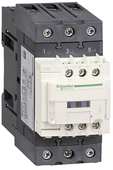 Un contacteur électrique blanc et noir avec des connexions à vis et un marquage vert sur une face avant blanche.
