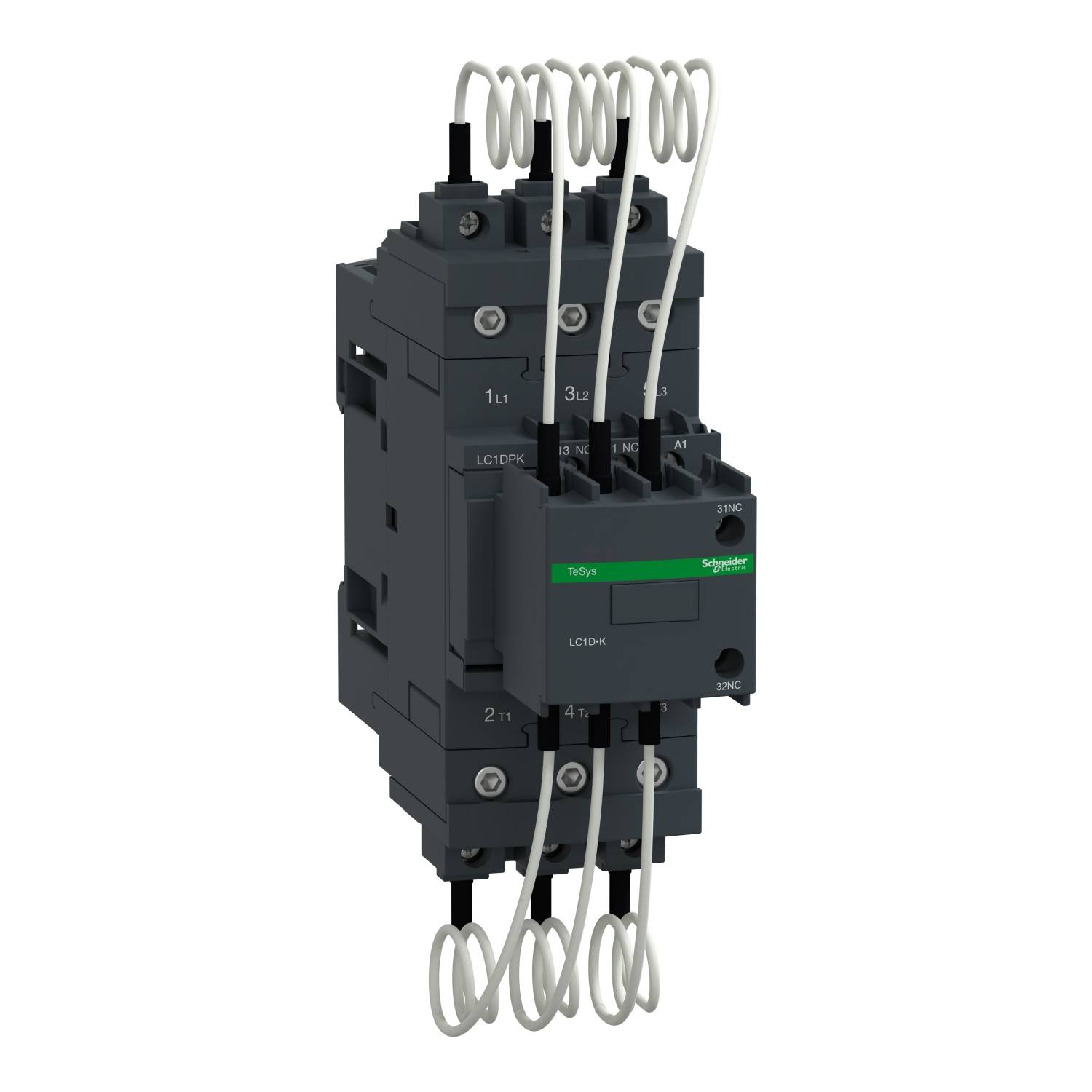 Un contacteur électrique avec plusieurs points de contact et câbles connectés. Il est noir avec un logo de marque vert.