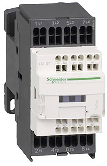 Un contacteur électrique de Schneider Electric, monté dans un boîtier noir, avec plusieurs bornes de connexion en haut et en bas.