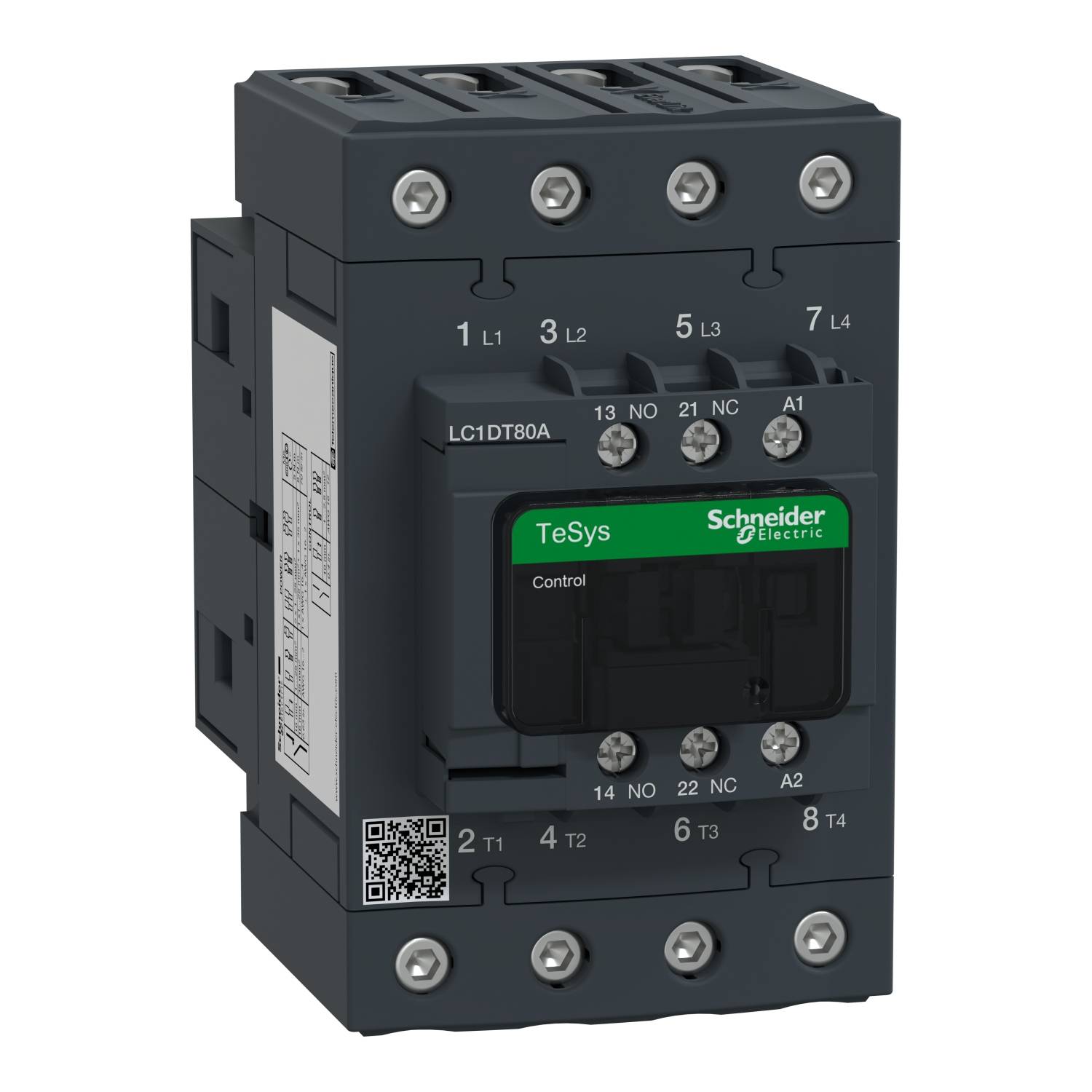 'Schneider Electric TeSys contacteur, modèle LC1DT80A, avec plusieurs bornes à vis à l'avant et code QR, pour applications industrielles.'