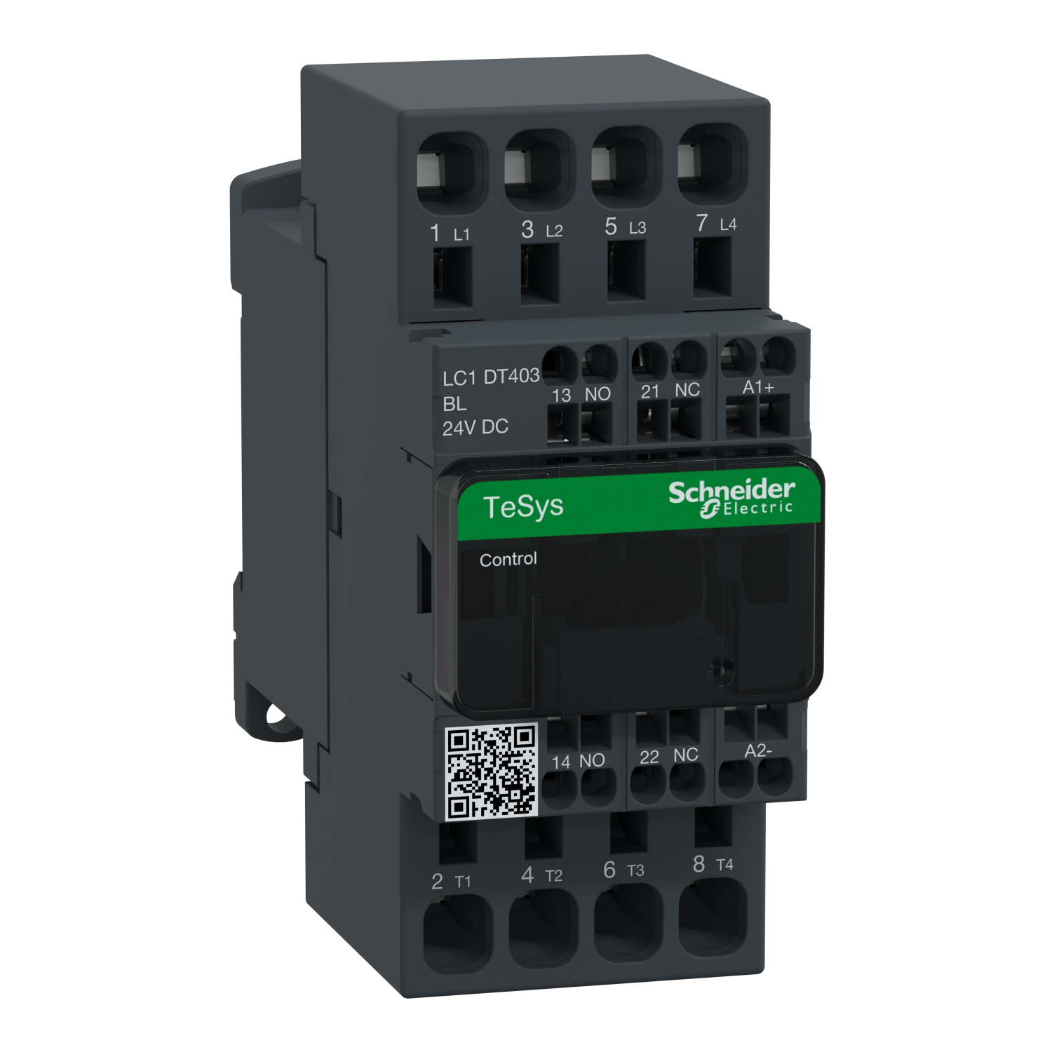 Contacteur électrique de Schneider Electric, modèle TeSys, 7 bornes de connexion en haut, 8 en bas. 24V DC, avec étiquette verte et code QR.