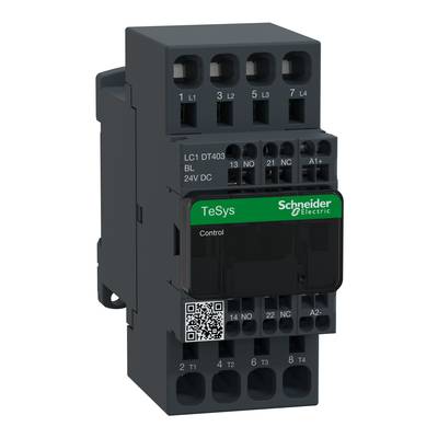 Contacteur électrique de Schneider Electric, modèle TeSys, 7 bornes de connexion en haut, 8 en bas. 24V DC, avec étiquette verte et code QR.