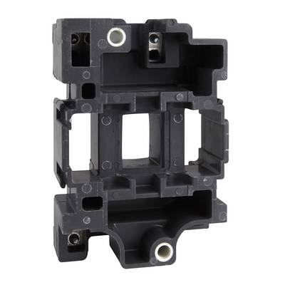 Un support en plastique noir, rectangulaire, avec plusieurs ouvertures et trous de fixation, probablement adapté aux composants électroniques ou mécaniques.