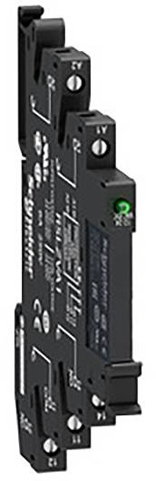 Composant électronique noir avec un indicateur LED vert et des inscriptions, servant d'interrupteur électronique étroit ou de relais.