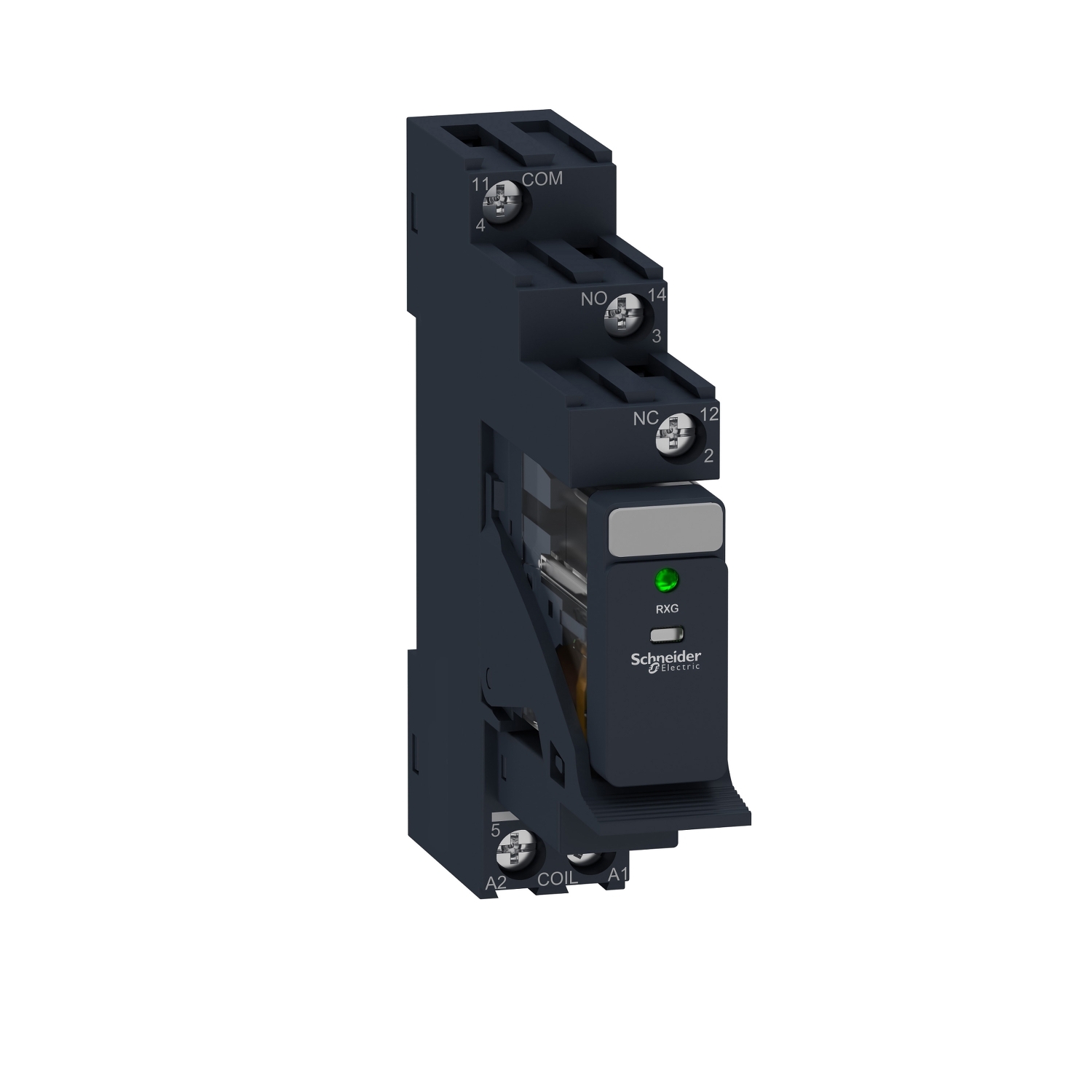 Un composant électronique noir avec des connexions et un indicateur vert. Étiqueté 'Schneider'.