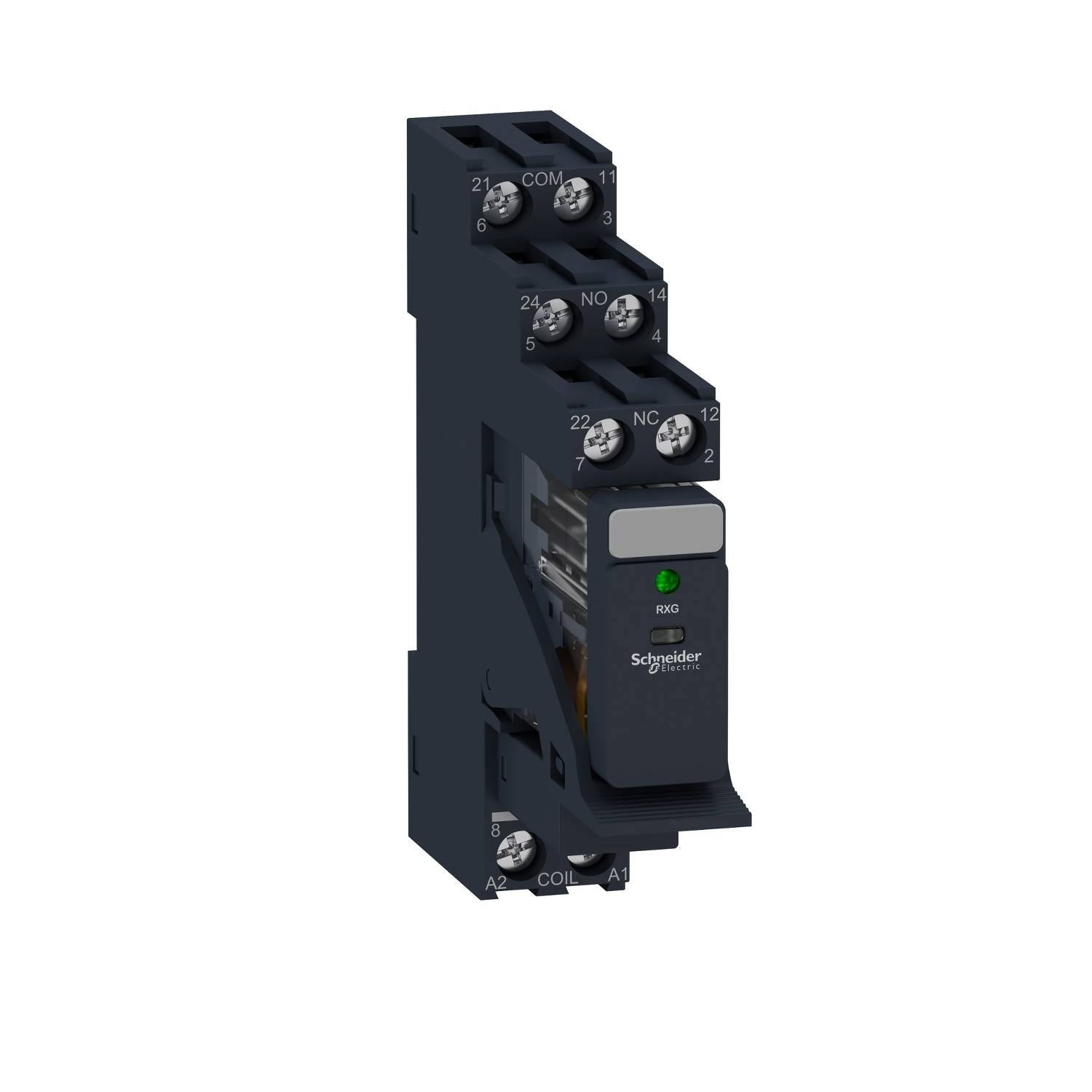 Un relais électrique de Schneider Electric de couleur sombre avec plusieurs bornes et l'inscription 'RXS' sur le devant.