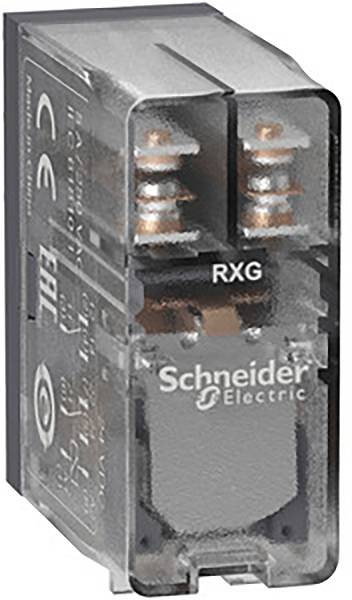 Un relais transparent de Schneider Electric, modèle RXG. Il montre les composants internes tels que les bobines et les connexions.