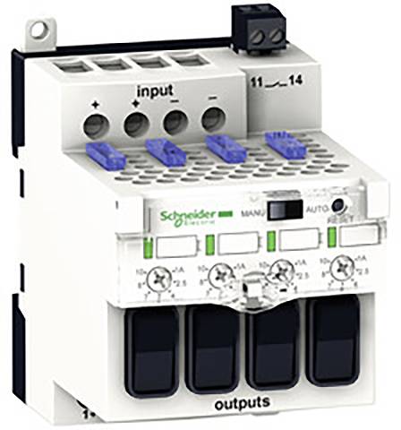 Un relais de commutation de Schneider Electric avec bornes d'entrée et de sortie, ainsi que des options de commande manuelle et automatique.