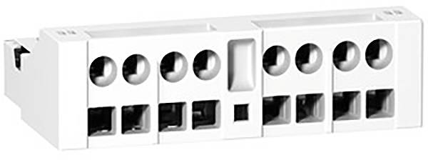 Barrette de connexion électrique blanche avec huit bornes, disposées symétriquement. Adaptée pour les connexions de lignes dans les systèmes électriques.
