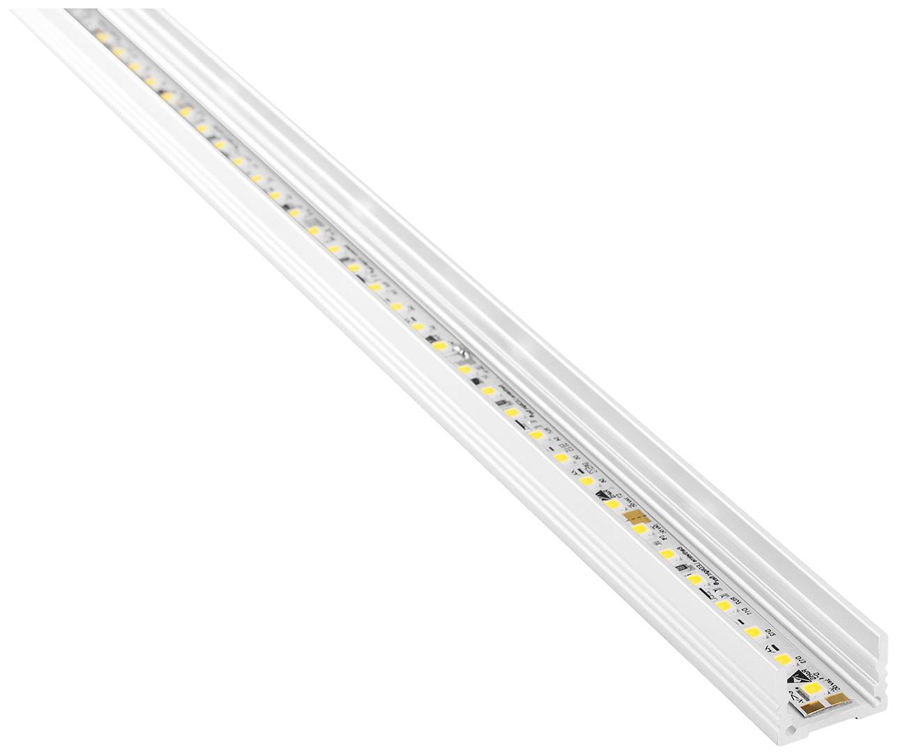 Ruban lumineux LED dans un boîtier en aluminium blanc, adapté pour un éclairage uniforme avec un encombrement minimal.