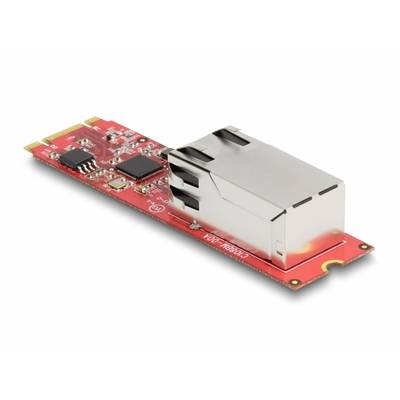 Une carte réseau Ethernet rouge avec un module de connexion métallique. Elle présente un design compact et moderne pour les connexions informatiques.
