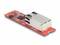 Une carte réseau Ethernet rouge avec un module de connexion métallique. Elle présente un design compact et moderne pour les connexions informatiques.