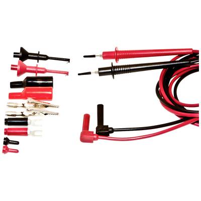 Un ensemble de cordons de test noirs et rouges avec pointes de mesure et adaptateurs, adapté à la mesure des tensions et des courants électriques.