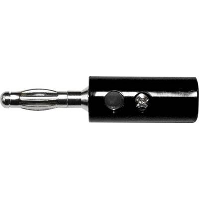 Fiche banane noire à embout argenté, avec connexion latérale à vis. Utilisée pour la transmission de signaux électriques.