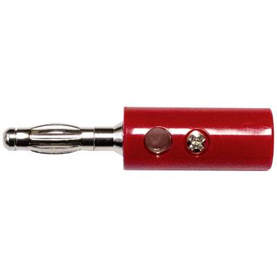 Terminal de connexion de banane rouge avec contact métallique, vis latérales visibles pour la fixation du câble.