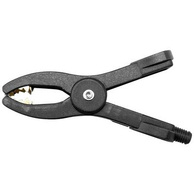 Pince noire à surfaces de préhension dentelées, en position ouverte. Outil destiné à la fixation ou à la connexion temporaire de matériaux.
