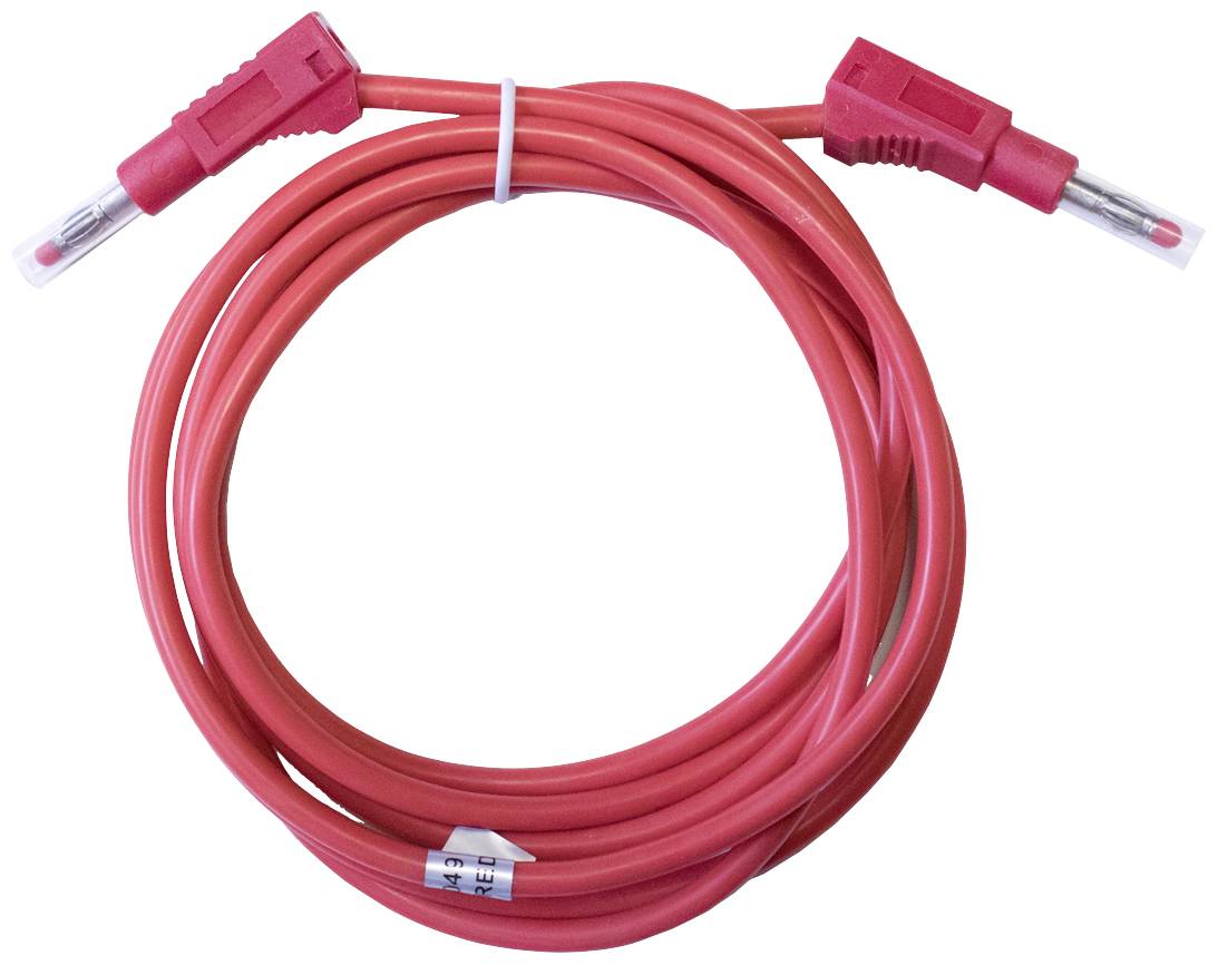 Câble électrique rouge avec deux fiches, présenté enroulé. Adapté pour les connexions électriques.