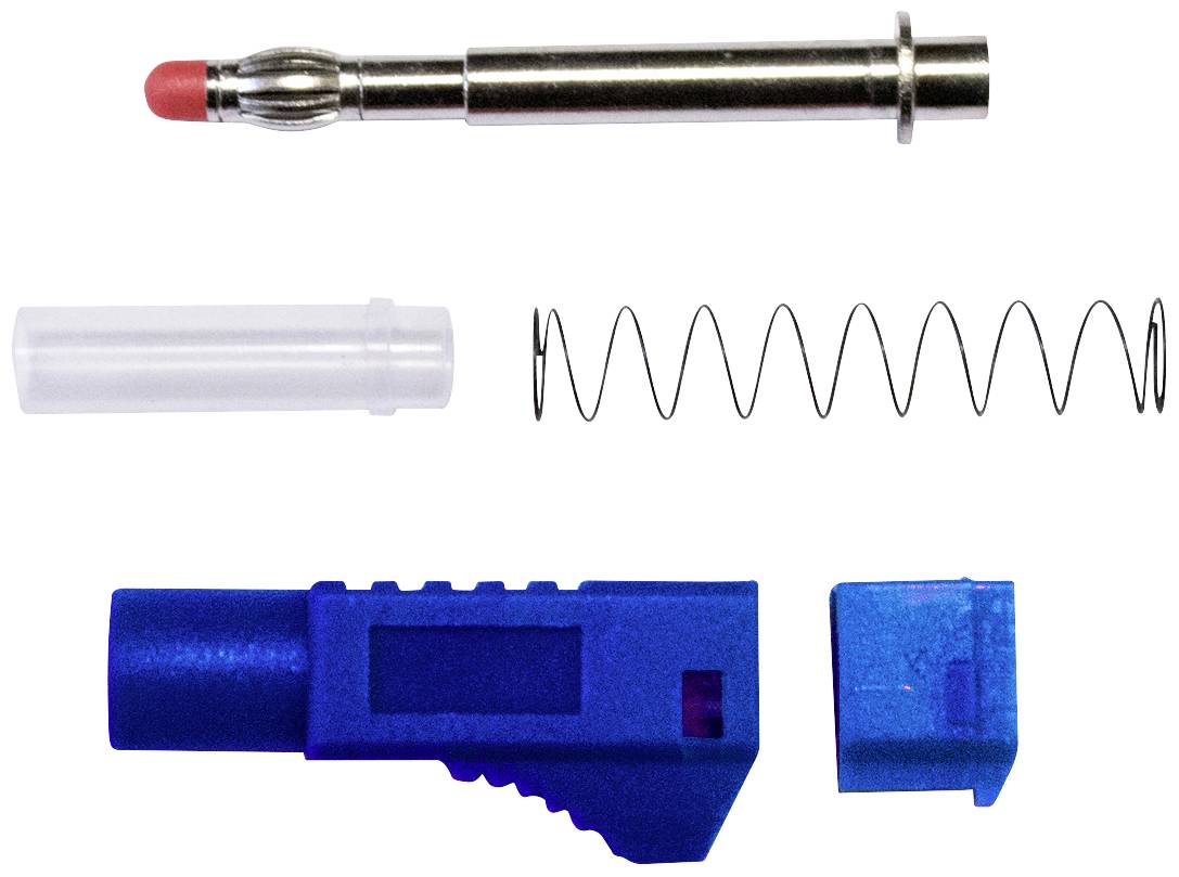Parties d'un porte-mine : guide-mine, ressort, porte-mine, corps et clip. Démontés pour présenter les composants.